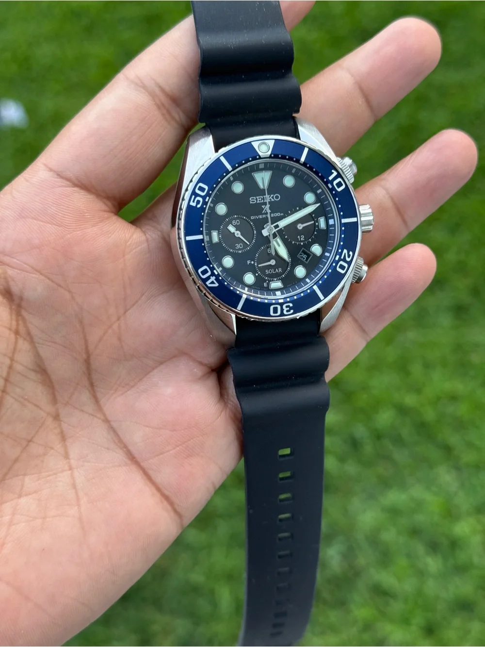 Seiko prospex solar Blue Bezel Black Strap Men's Diver Chronograph Japan Watch